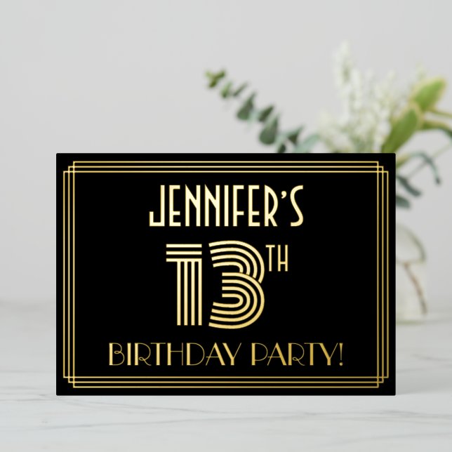 13th Birthday Party — Art Deco Style “13” + Name Foil Invitation (Standing Front)