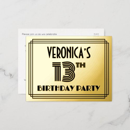 13th Birthday Party  Art Deco Style 13  Name Foil Invitation Postcard