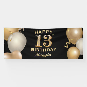 13th Birthday Party Black and Gold Balloons Banner