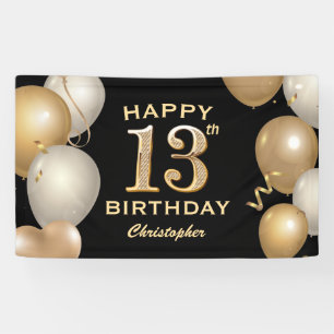13th Birthday Party Black and Gold Balloons Banner