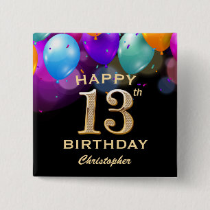 13th Birthday Party Black and Gold Balloons Button