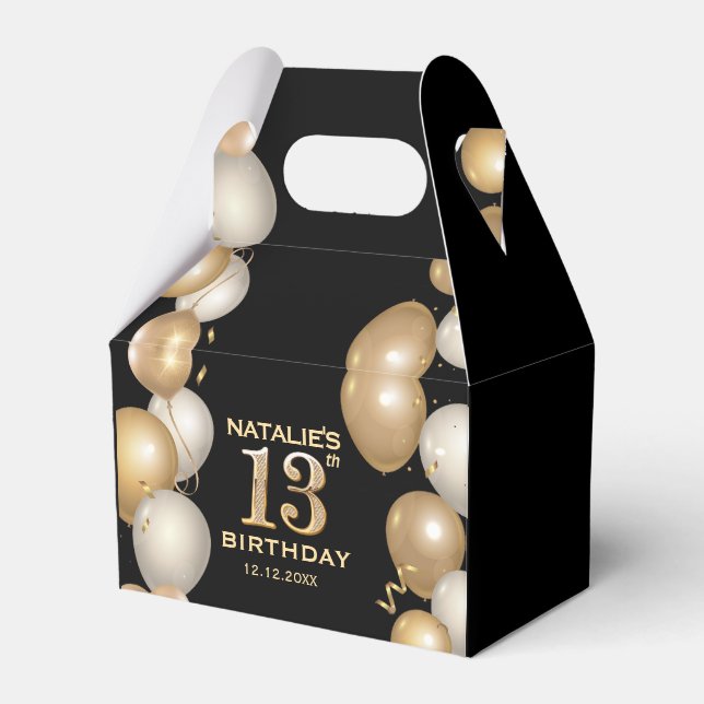 13th Birthday Party Black and Gold Balloons Favor Boxes (Front Side)