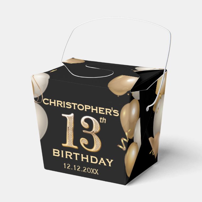 13th Birthday Party Black and Gold Balloons Favor Boxes (Front Side)