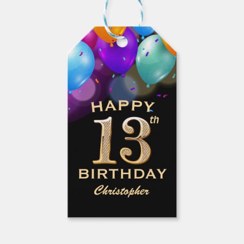 13th Birthday Party Black and Gold Balloons Gift Tags