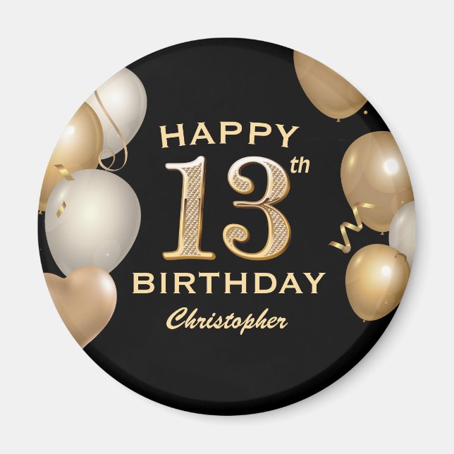 13th Birthday Party Black and Gold Balloons Magnet (Front)