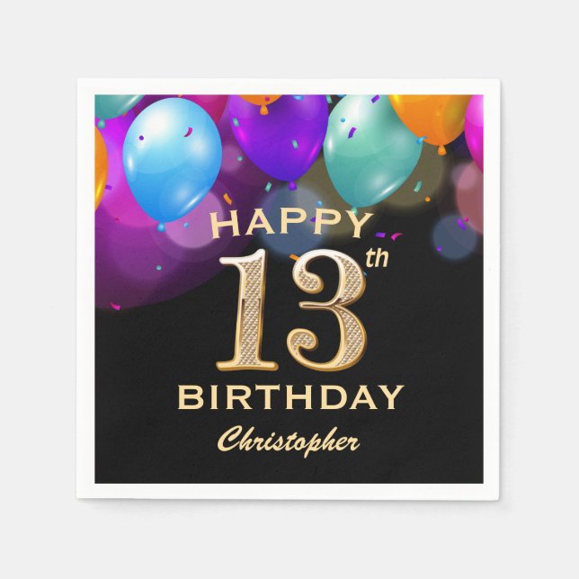 13th Birthday Party Black and Gold Balloons Napkins (Front)