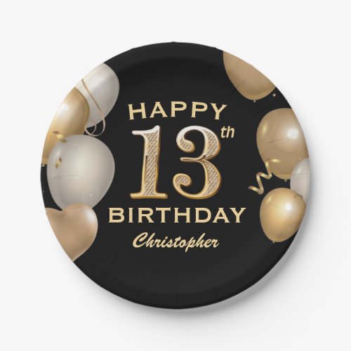 13th Birthday Party Black and Gold Balloons Paper Plates