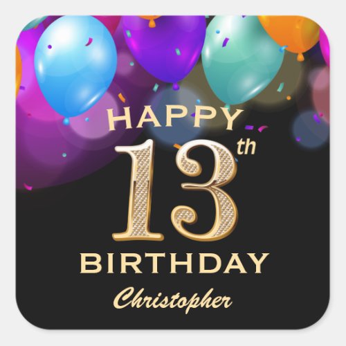 13th Birthday Party Black and Gold Balloons Square Sticker