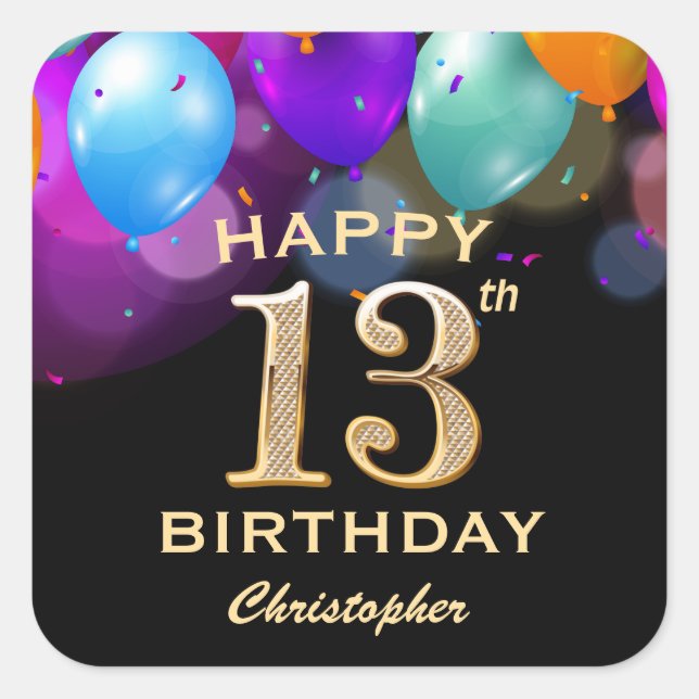 13th Birthday Party Black and Gold Balloons Square Sticker (Front)
