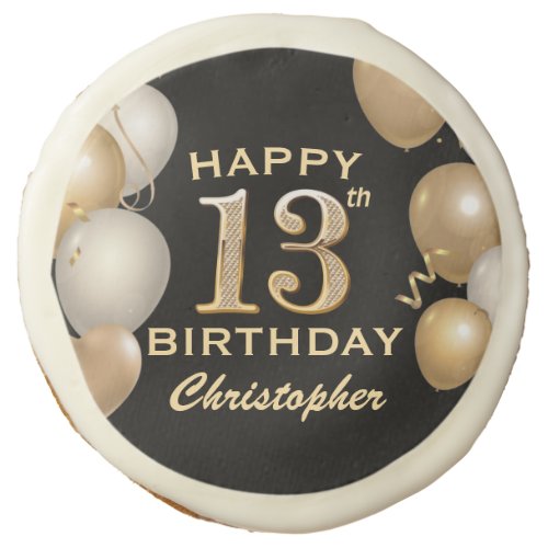 13th Birthday Party Black and Gold Balloons Sugar Cookie