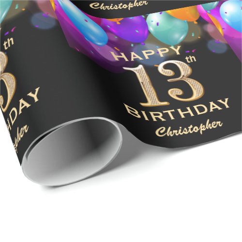 13th Birthday Party Black and Gold Balloons Wrapping Paper