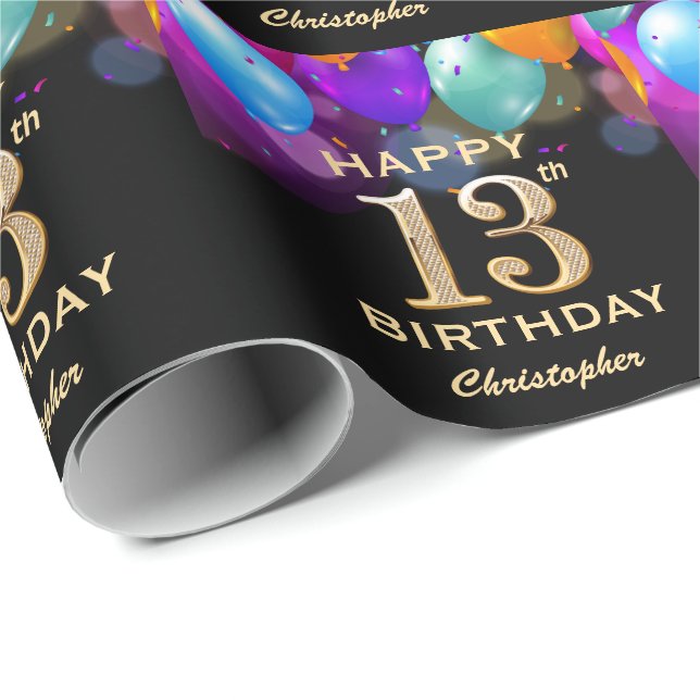 13th Birthday Party Black and Gold Balloons Wrapping Paper (Roll Corner)