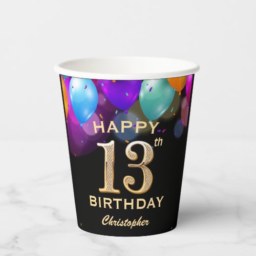 13th Birthday Party Black and Gold Confetti Paper Cups