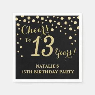 13th Birthday Party Black and Gold Diamond Napkins