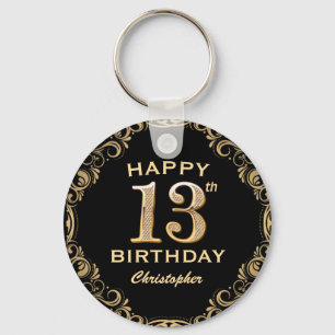 13th Birthday Party Black and Gold Glitter Frame Keychain