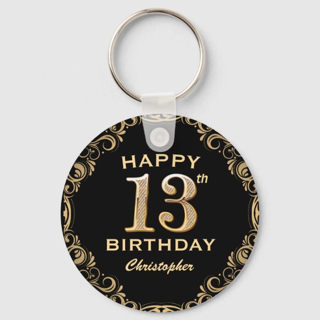 13th Birthday Party Black and Gold Glitter Frame Keychain (Front)