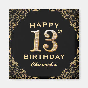 13th Birthday Party Black and Gold Glitter Frame Magnet