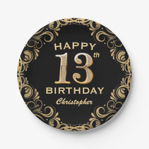 13th Birthday Party Black and Gold Glitter Frame Paper Plates