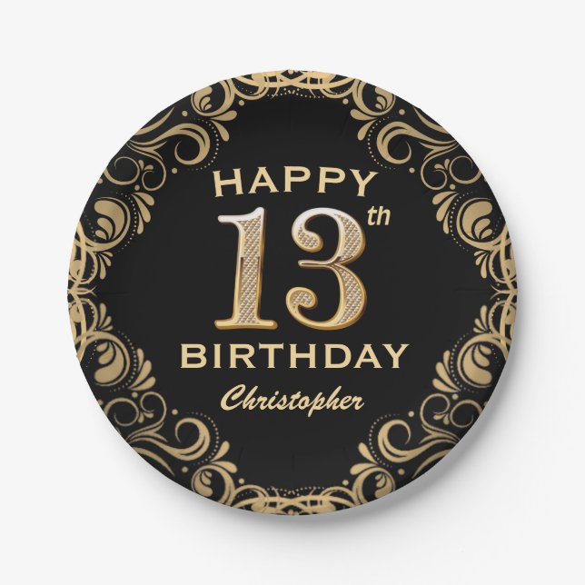 13th Birthday Party Black and Gold Glitter Frame Paper Plates (Front)
