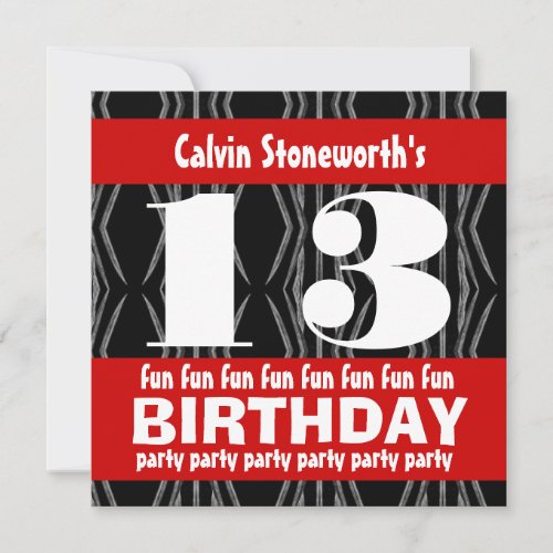 13th Birthday Party Black Red White Contemporary Announcement