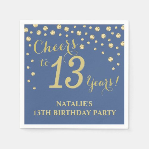 13th Birthday Party Blue and Gold Diamond Napkins