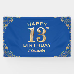 13th Birthday Party Blue and Gold Glitter Frame Banner