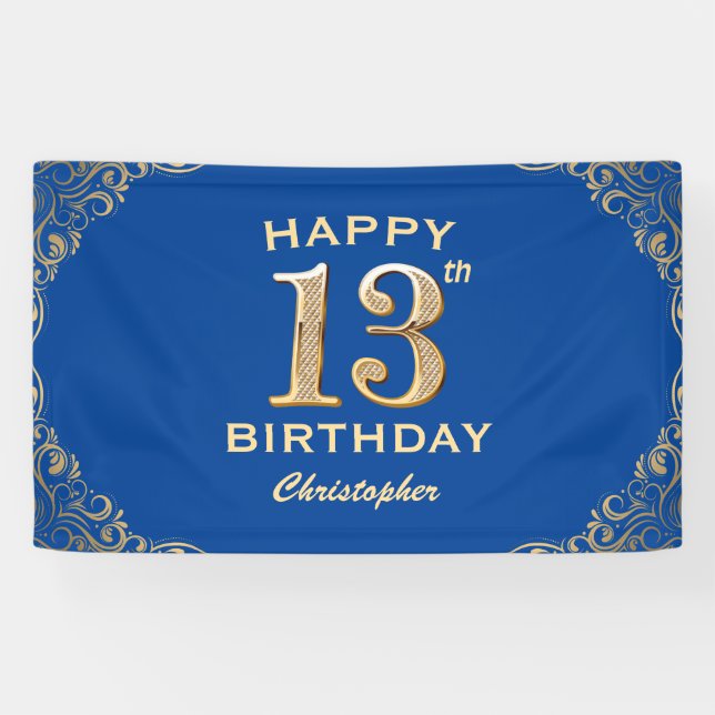 13th Birthday Party Blue and Gold Glitter Frame Banner (Horizontal)