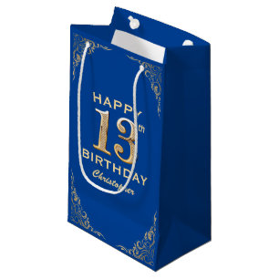 13th Birthday Party Blue and Gold Glitter Frame Small Gift Bag