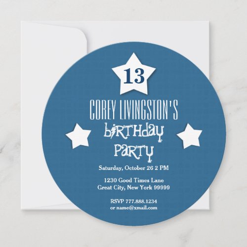 13th Birthday Party Blue Circle White Stars V03D1 Invitation