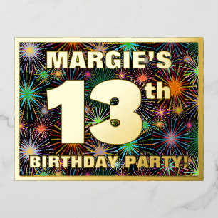 13th Birthday Party: Bold, Colorful Fireworks Look Foil Invitation Postcard
