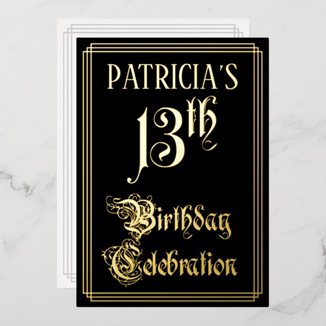 13th Birthday Party — Fancy Script & Custom Name Foil Invitation (Front/Back)