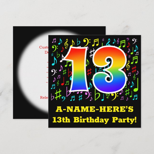 13th Birthday Party: Fun Music Symbols, Rainbow 13 Invitation (Front/Back)
