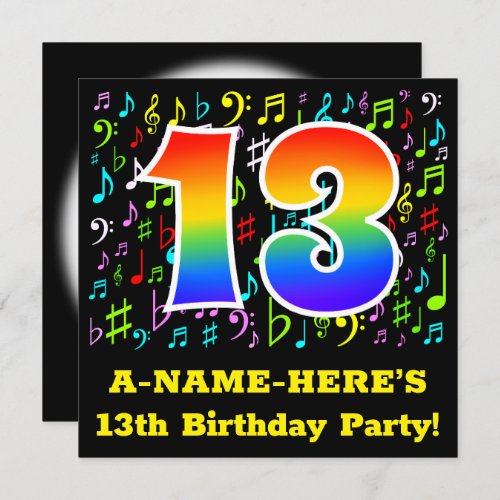 13th Birthday Party Fun Music Symbols Rainbow 13 Invitation