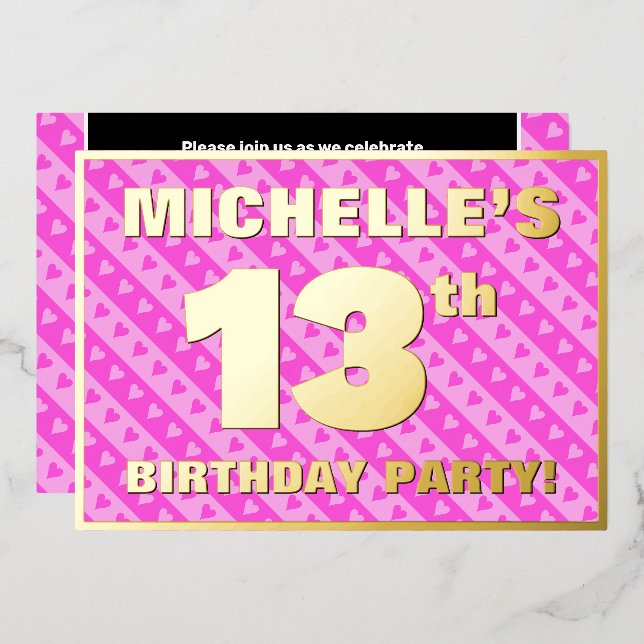 13th Birthday Party — Fun Pink Hearts and Stripes Foil Invitation (Front/Back)