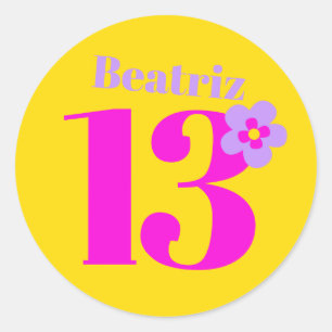 13th Birthday party girls pink yellow purple Classic Round Sticker