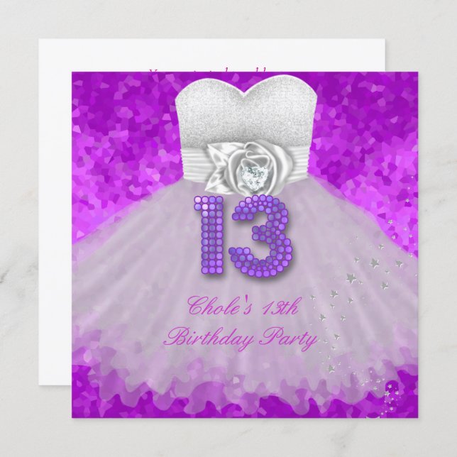 13th Birthday Party Girls Purple Invitation (Front/Back)