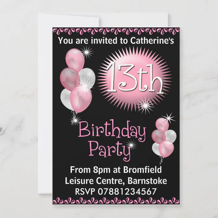 Pink Diamond And Zebra Print 13Th Birthday Party Personalised Invitations 