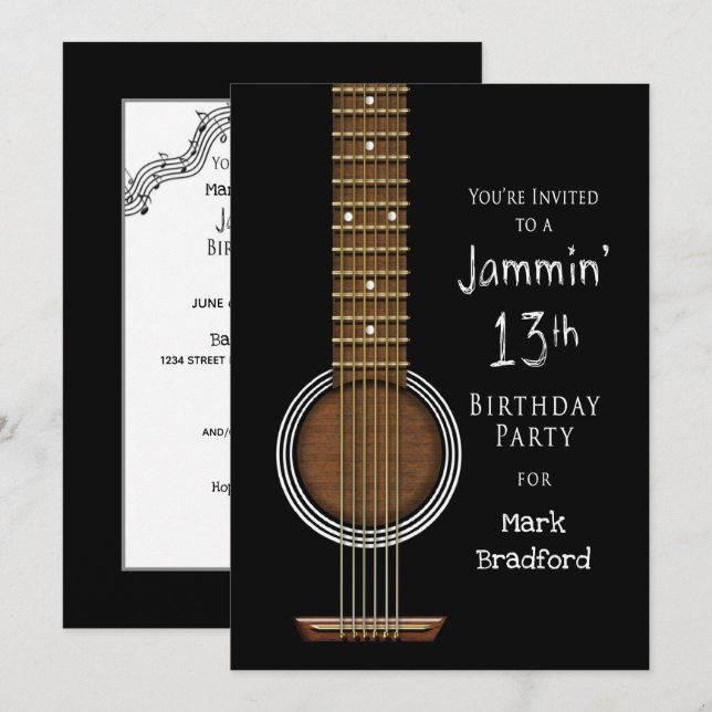 13th Birthday Party Invitation, Acoustic Guitar Invitation (Front/Back)