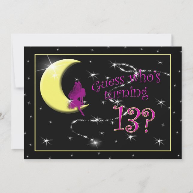 13th Birthday Party Invitation, Fairy on Moon Invitation (Front)