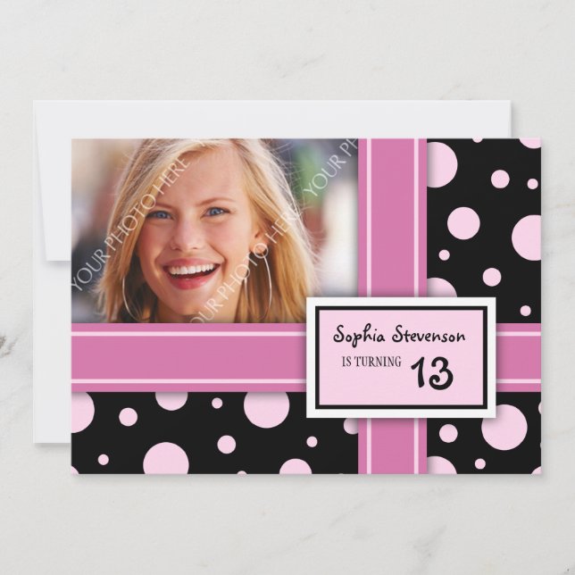 13th Birthday Party Invitation Pink Black Dots (Front)