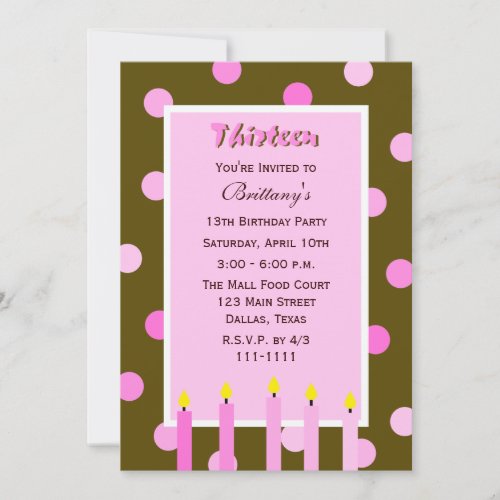 13th Birthday Party Invitation -- Pink Polka Dots