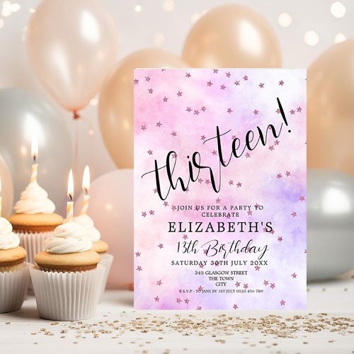 13th Birthday Party Invitation Pink Stars