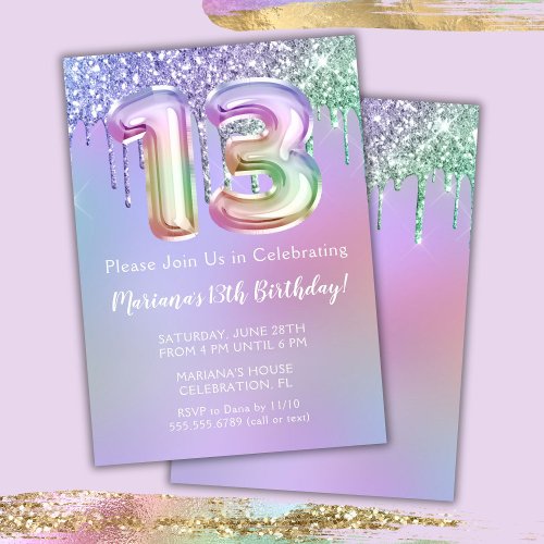 13th Birthday Party Invitation Purple Pink Glitter