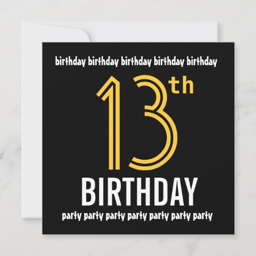 13th Birthday Party Modern Gold and Black Invitations