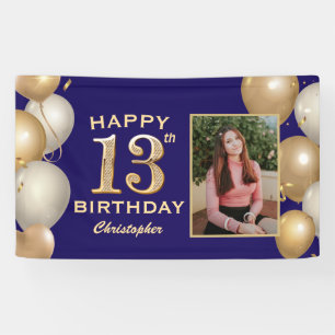 13th Birthday Party Navy Blue and Gold Balloons Banner