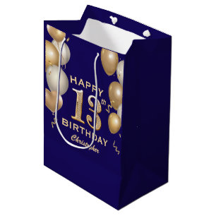13th Birthday Party Navy Blue and Gold Balloons Medium Gift Bag