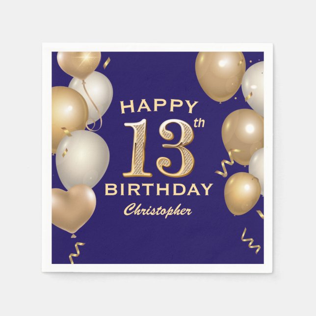13th Birthday Party Navy Blue and Gold Balloons Napkins (Front)