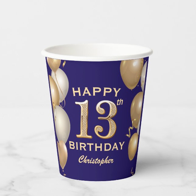 13th Birthday Party Navy Blue and Gold Balloons Paper Cups (Front)