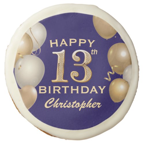 13th Birthday Party Navy Blue and Gold Balloons Sugar Cookie