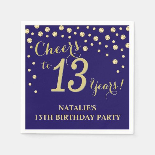 13th Birthday Party Navy Blue and Gold Diamond Napkins